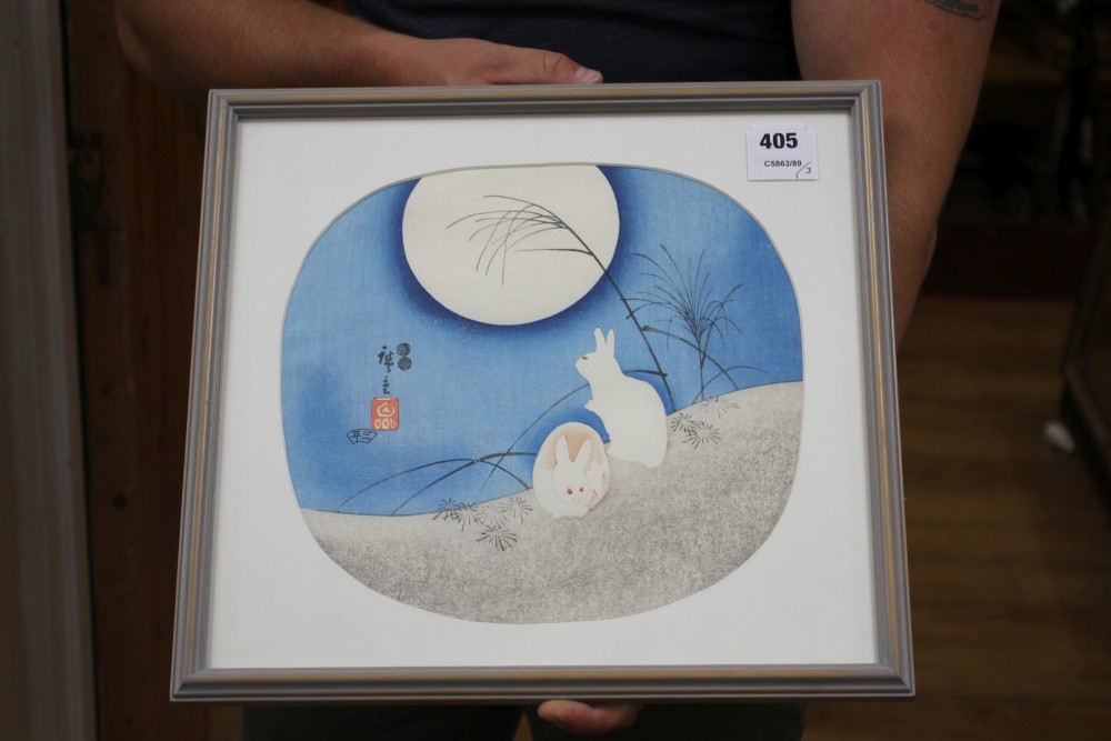 After Hiroshige, woodblock print, Hares beneath the moon, 27 x 29cm and two modern Japanese prints